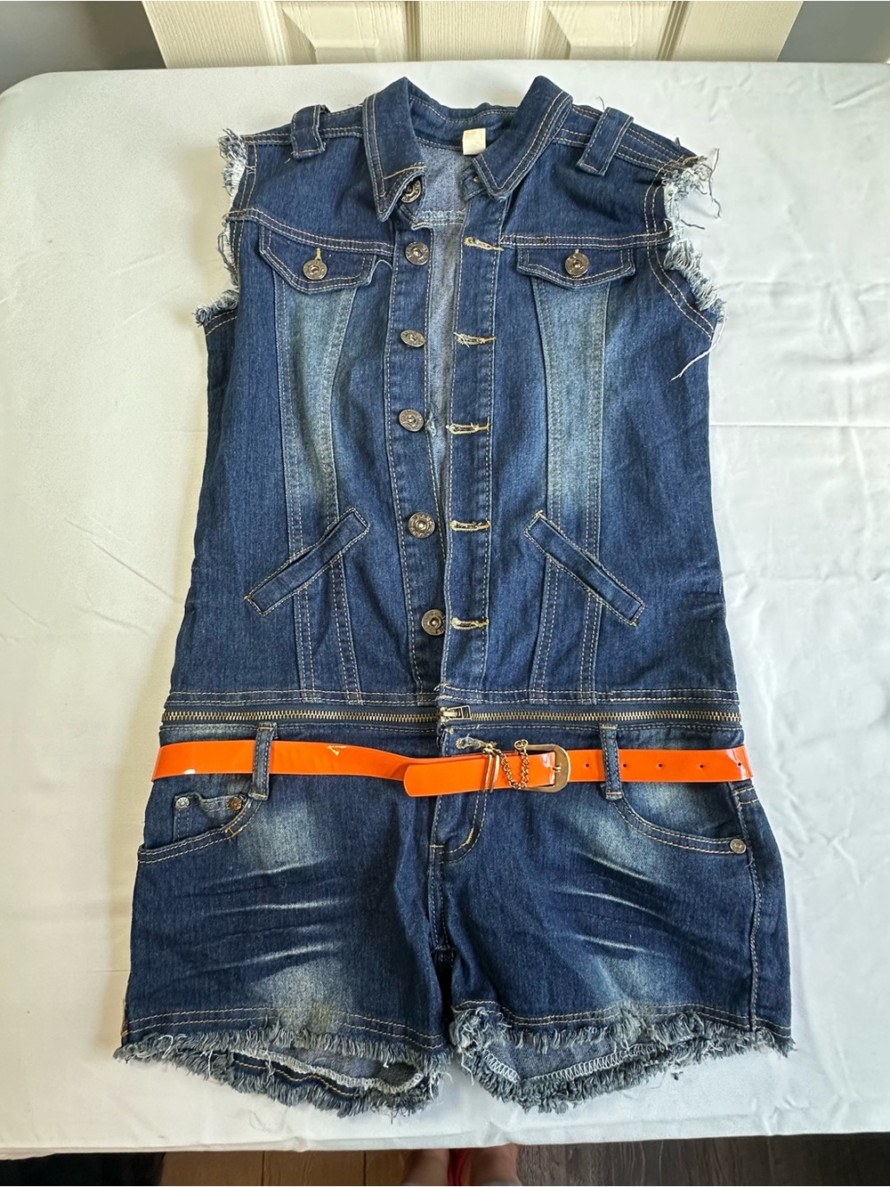 Sleeveless Dark Blue Denim Romper with Orange Belt
